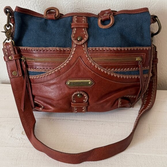 Isabella Fiore Boho Leather Canvas Satchel Brown Blue Whipstitch Crossbody - Picture 1 of 15